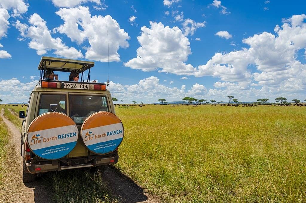 Sie sehen einen Landcruiser Jeep mit offenem Dach von Life Earth Reisen bei einer Safari in der Nähe einer Bio Fairtrade Kooperative.