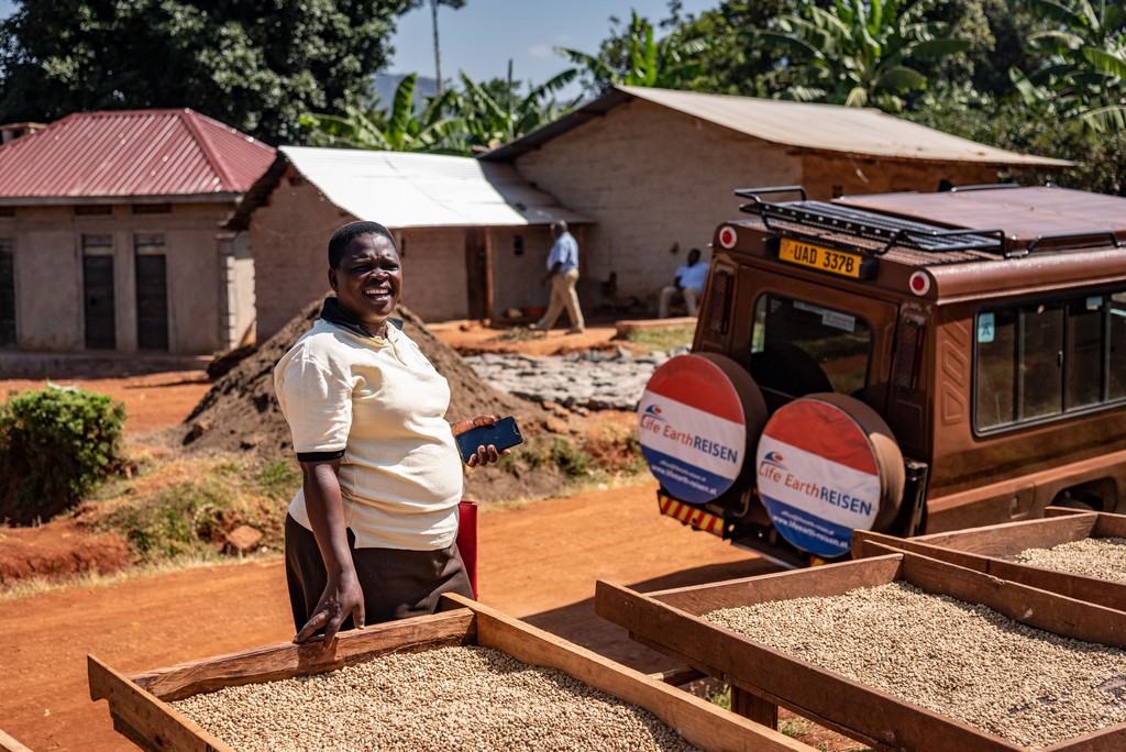 Das Foto ist bei der Kaffee Reise 2019 nach Uganda, beim Besuch der Bio Fairtrade Kaffee Bauern und der Betriebsbesichtigung der Bio Fairtrade Kaffee Kooperative entstanden. Wir führen durch alle Schritte der Kaffeeernte und –Produktion. Das Foto zeigt den Garten eines Kaffeebauers. Im Bild sind die Holzvorrichtungen auf welchen der Kaffee zum Trocknen ausgebreitet wird.  Im Hintergrund  sehen Sie den Jeep von Life Earth Reisen.